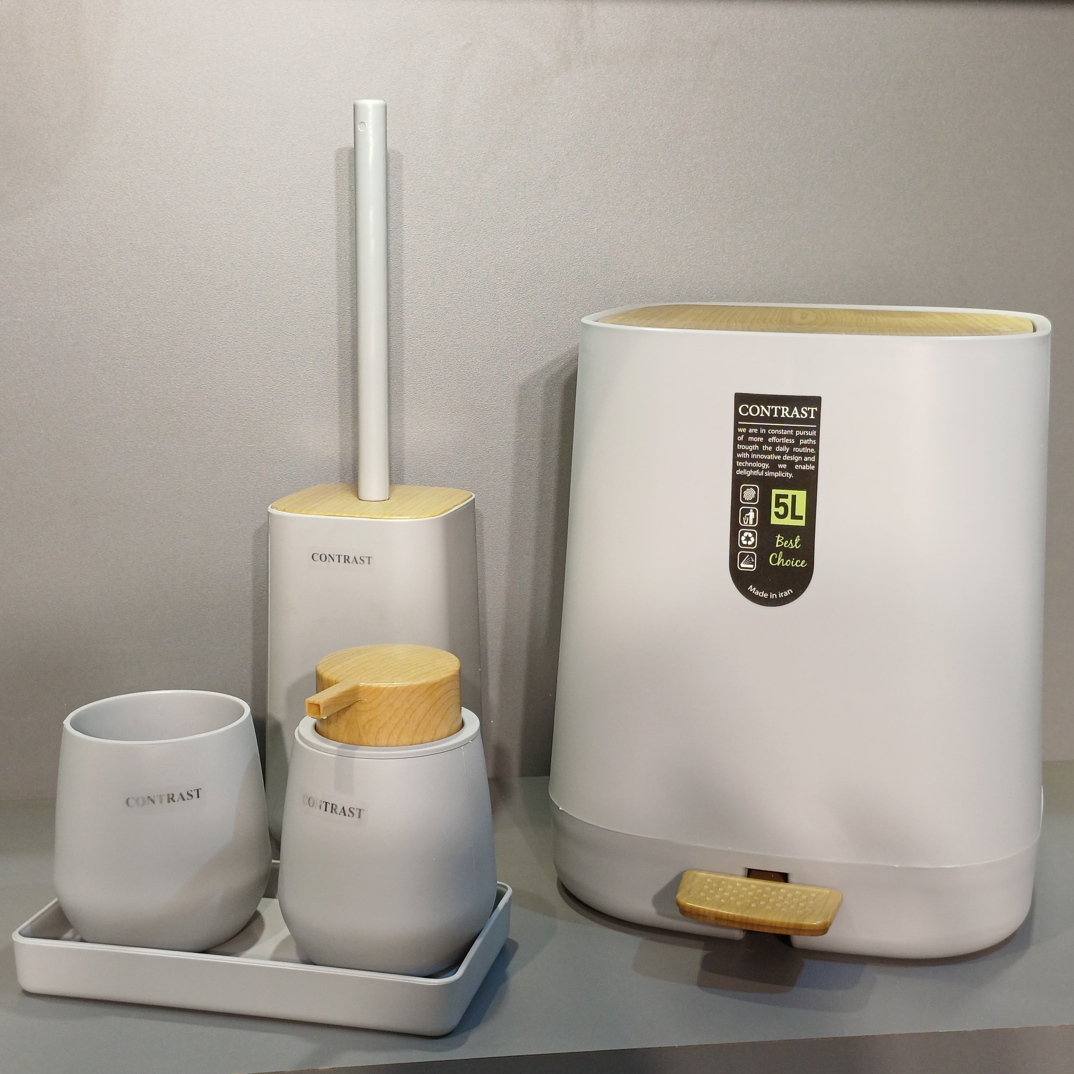 ست سرویس بهداشتی 5 پارچه کنتراست مدل میامی طوسی روشن چوب